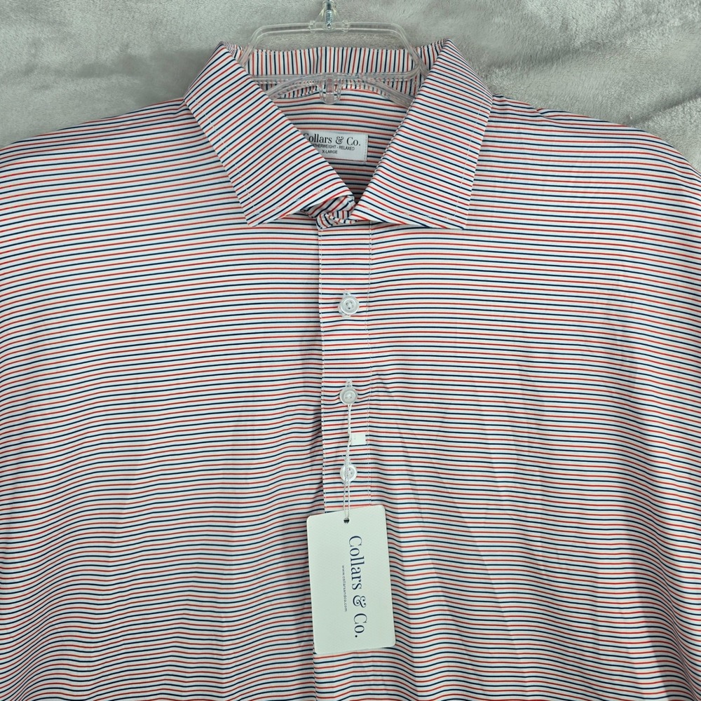 Collars‎ & Co Mens Featherweight Polo Shirt XL Red Blue Stripe Dress Collar NEW